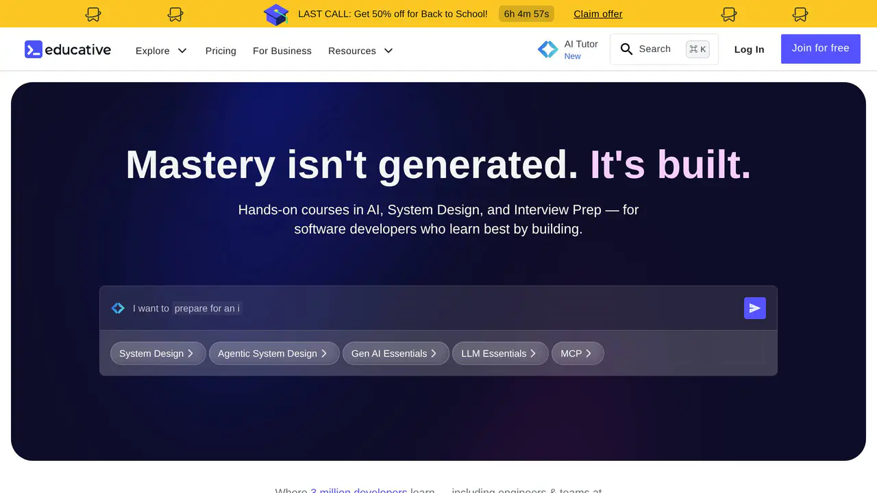 Homepage preview of Educative, captured Aug 29, 2026