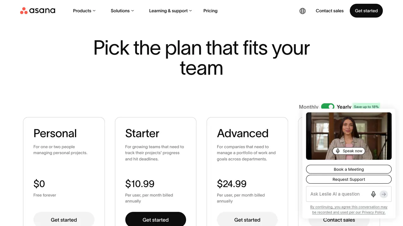 Pricing-page preview of Asana, captured Jul 23, 2026