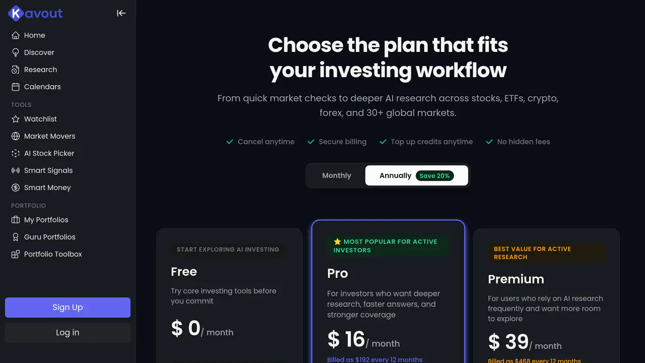 Pricing-page preview of Kavout, captured Jul 23, 2026