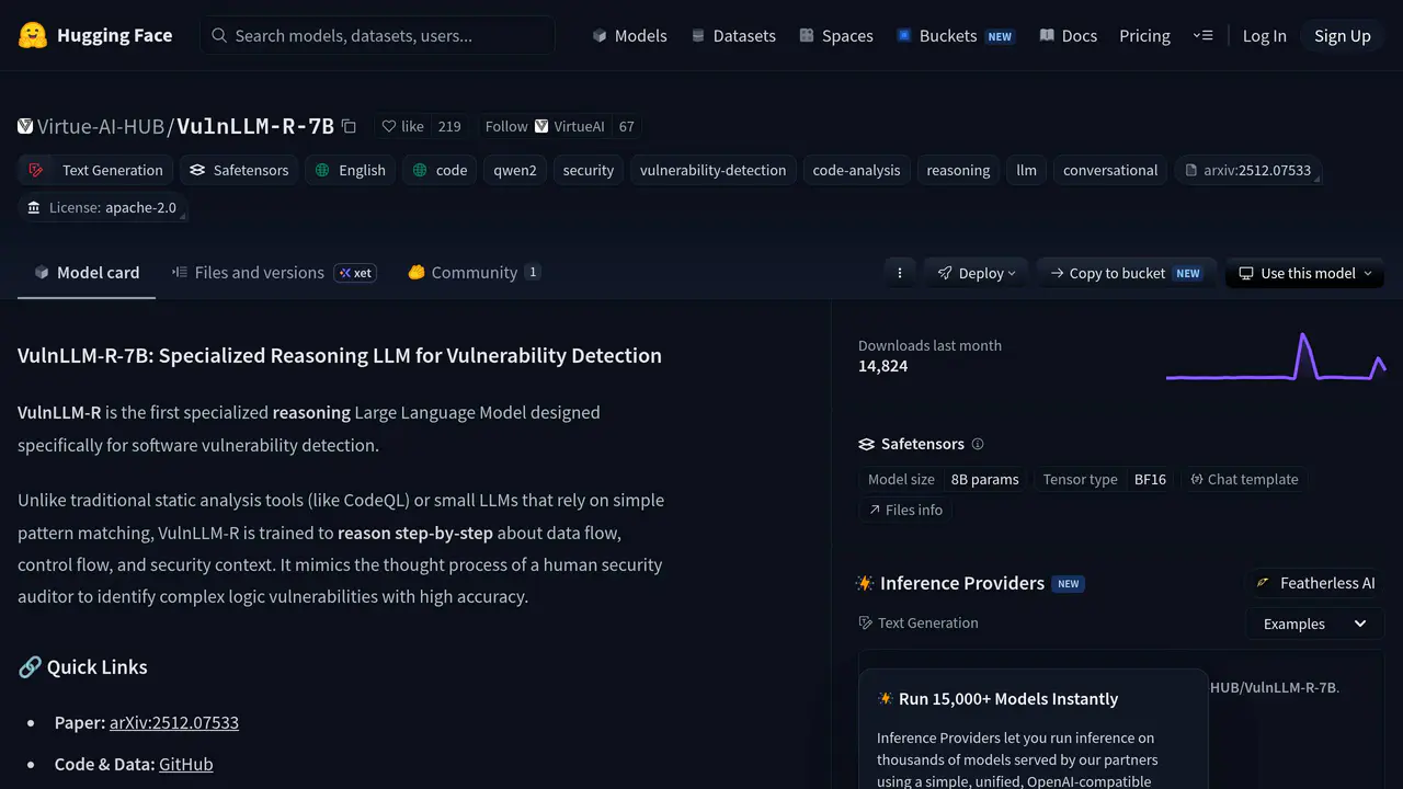 Homepage preview of VulnLLM R 7B, captured Jul 23, 2026