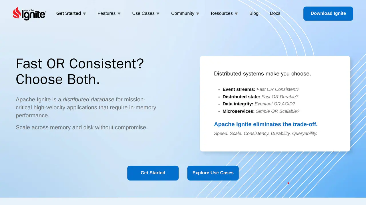Homepage preview of Apache Ignite, captured Jul 29, 2026