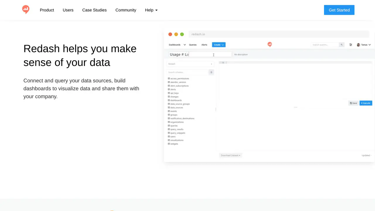 Homepage preview of Redash, captured Jul 23, 2026