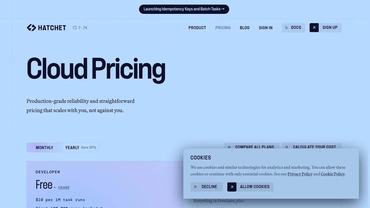 Pricing-page preview of Hatchet, captured Aug 12, 2026