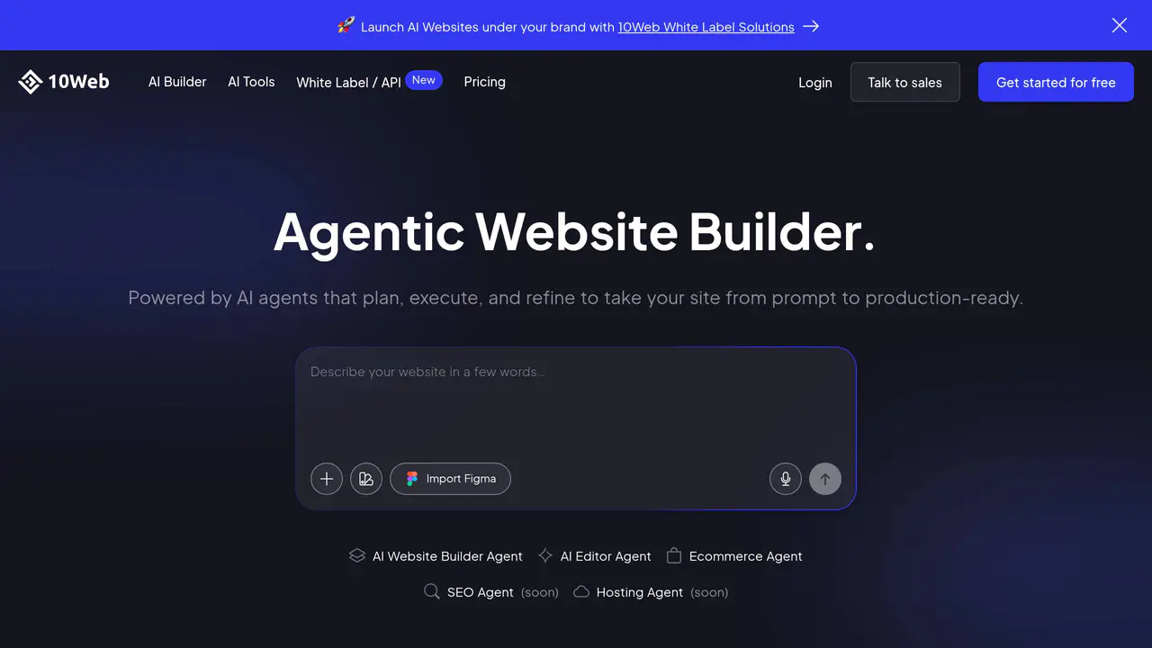 Homepage preview of 10Web AI Assistant, captured Aug 2, 2026