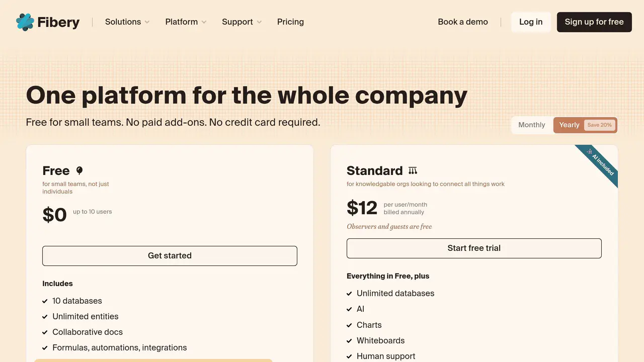 Pricing-page preview of Fibery, captured Jul 23, 2026