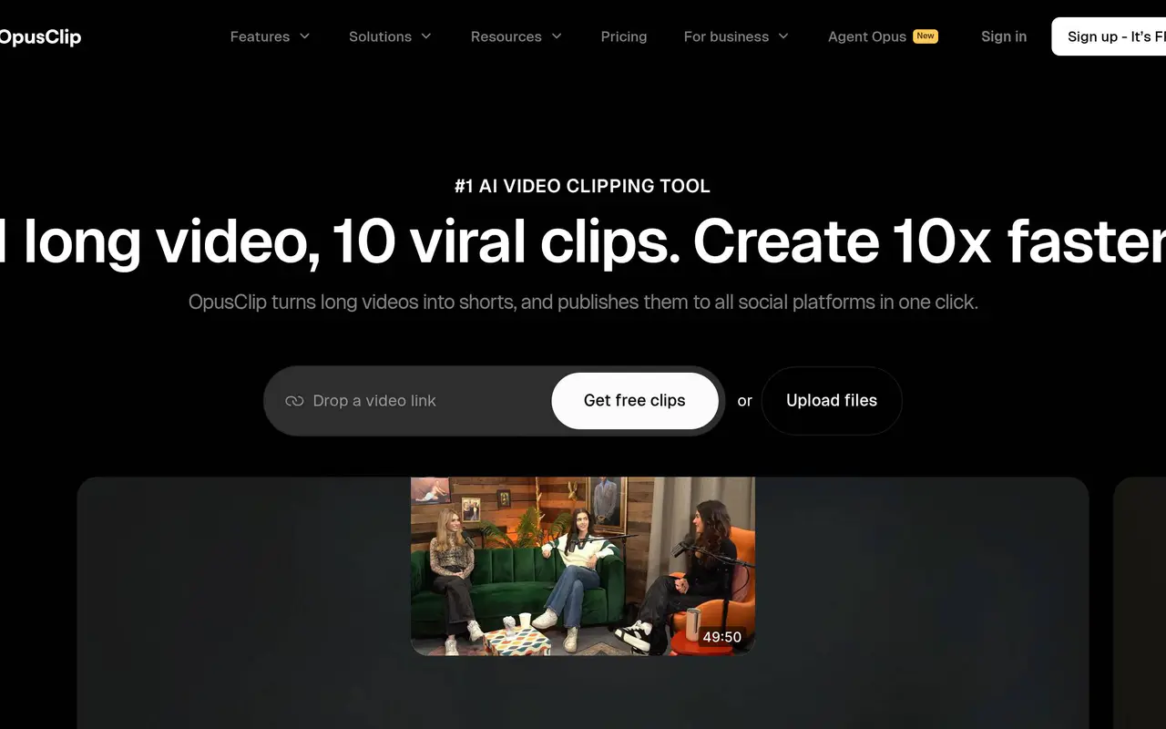 Homepage preview of OpusClip, captured Jul 22, 2026