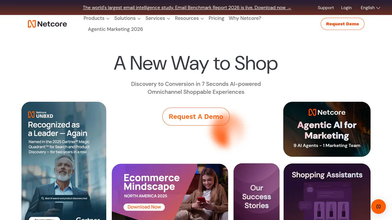 Homepage preview of Netcore Cloud, captured Jul 23, 2026