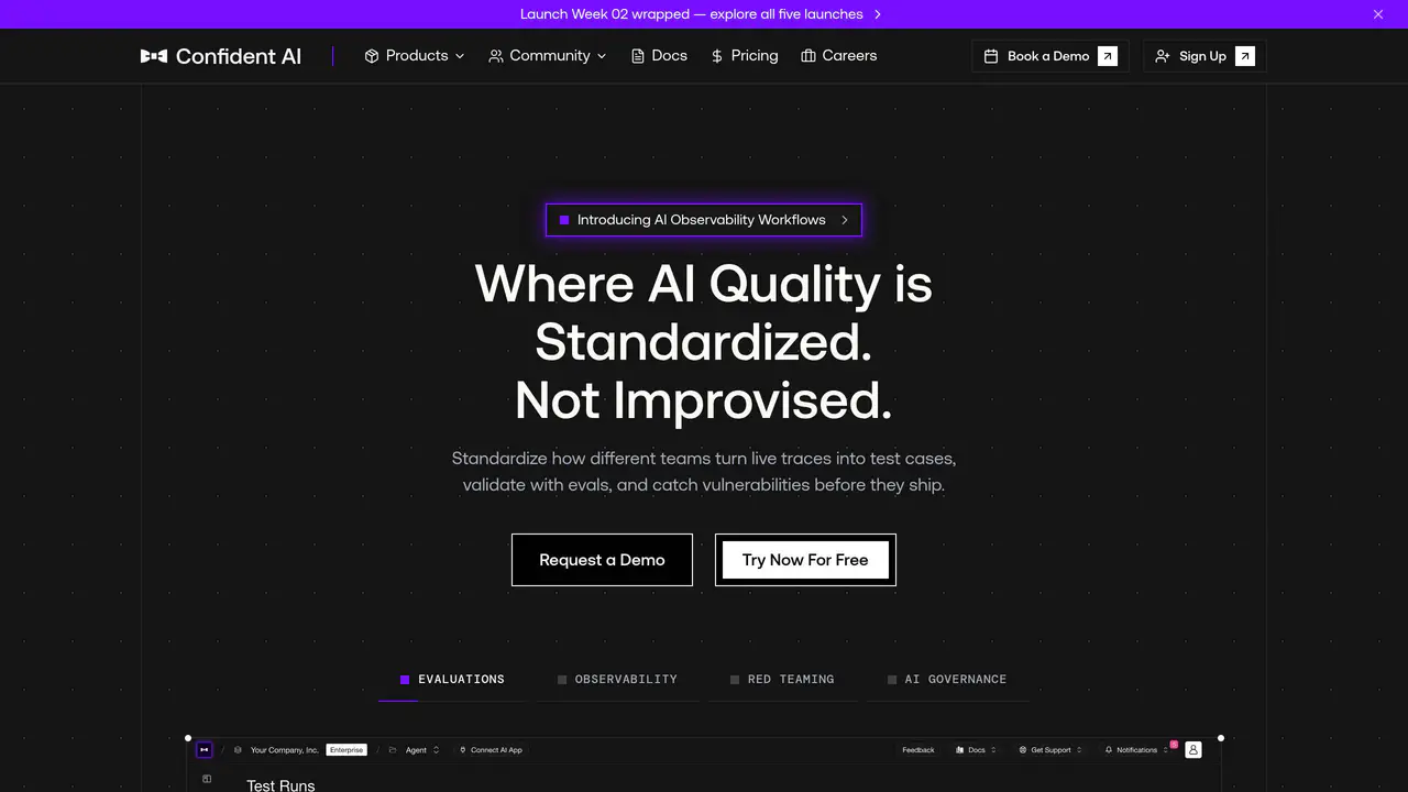 Homepage preview of Confident AI, captured Aug 1, 2026