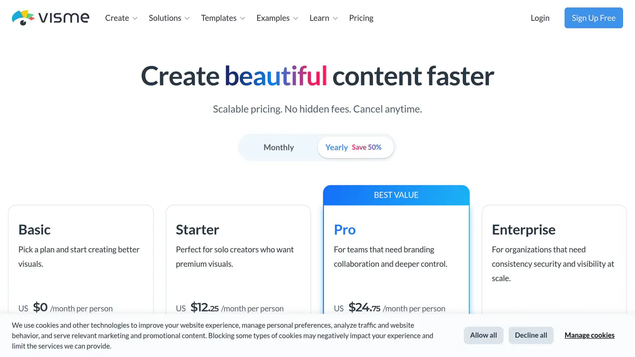 Pricing-page preview of Visme, captured Jul 23, 2026