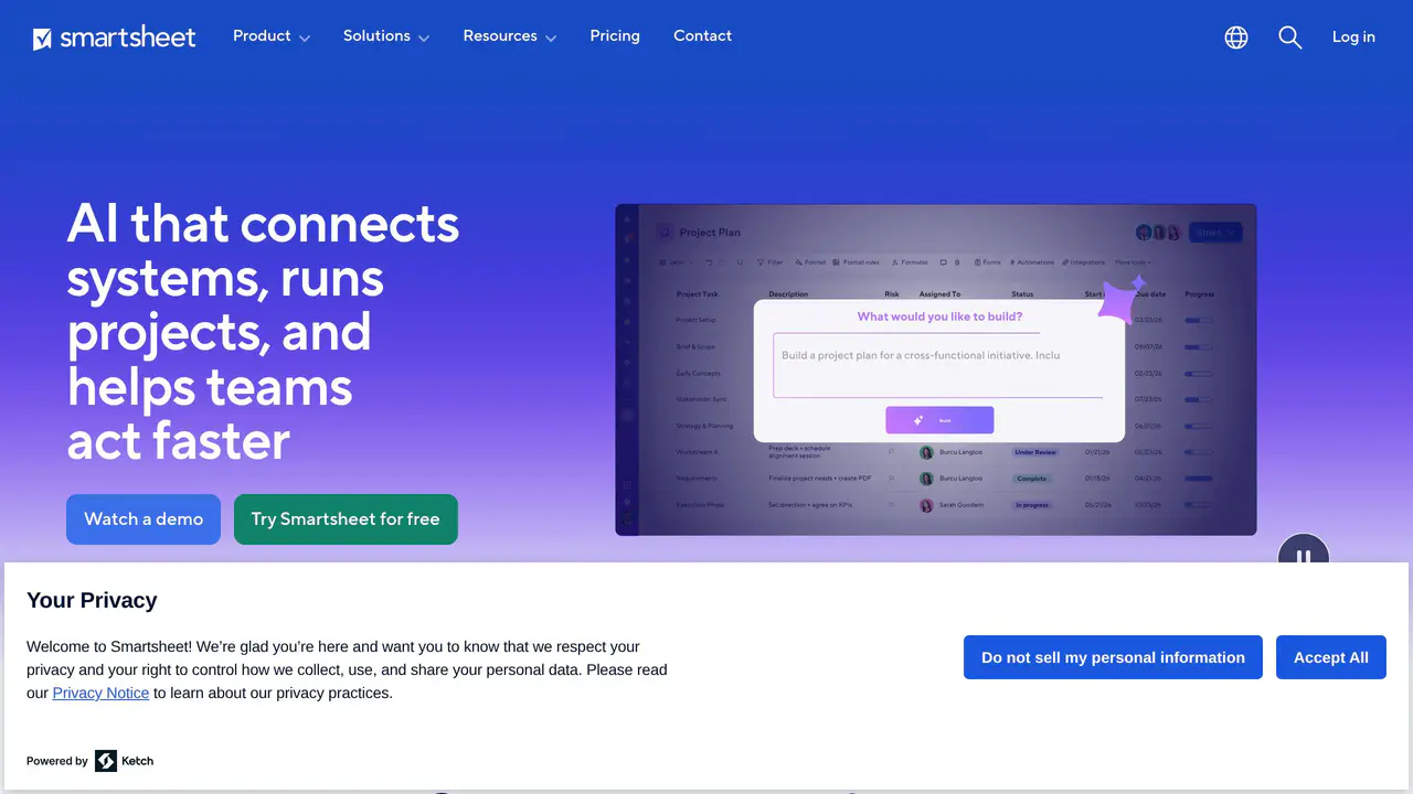 Homepage preview of Smartsheet AI, captured Sep 2, 2026