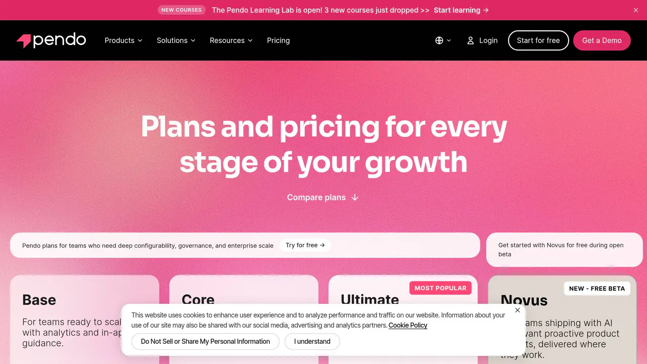 Pricing-page preview of Pendo, captured Aug 16, 2026