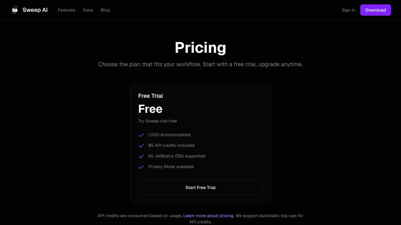Pricing-page preview of Sweep AI, captured Jul 24, 2026