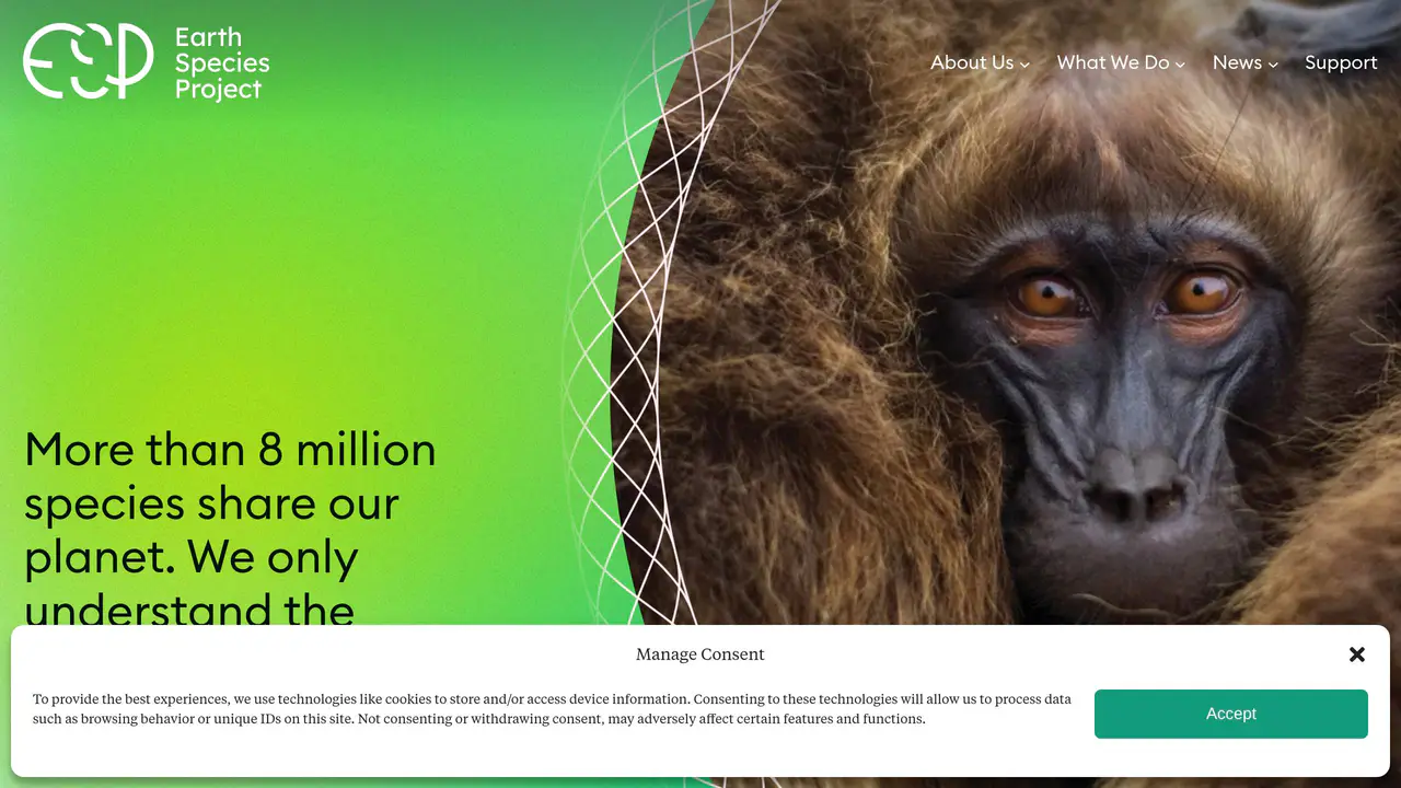 Homepage preview of Earth Species Project, captured Jul 28, 2026