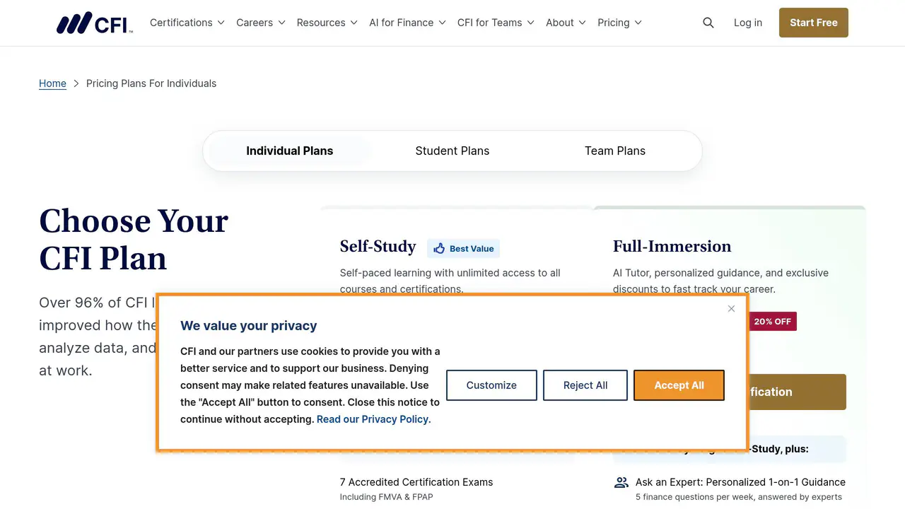 Pricing-page preview of Corporate Finance Institute, captured Sep 9, 2026