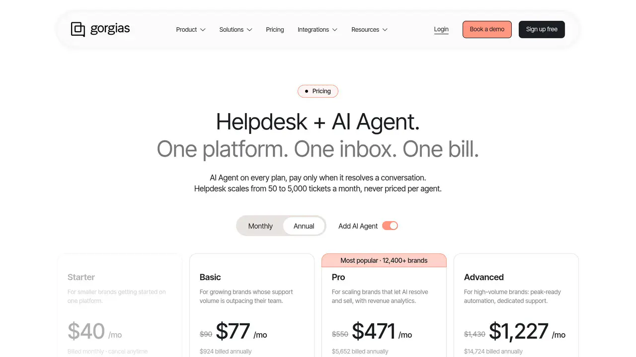Pricing-page preview of Gorgias, captured Jul 23, 2026
