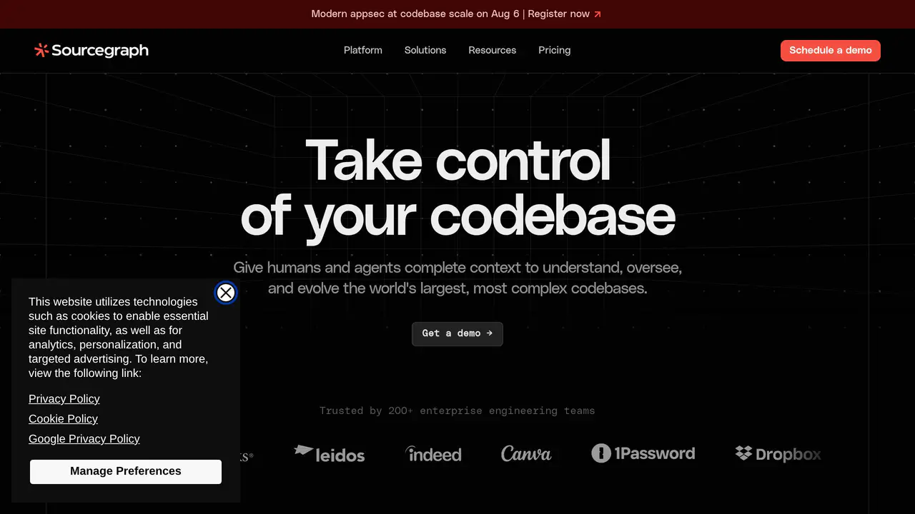 Homepage preview of Sourcegraph Cody, captured Aug 6, 2026