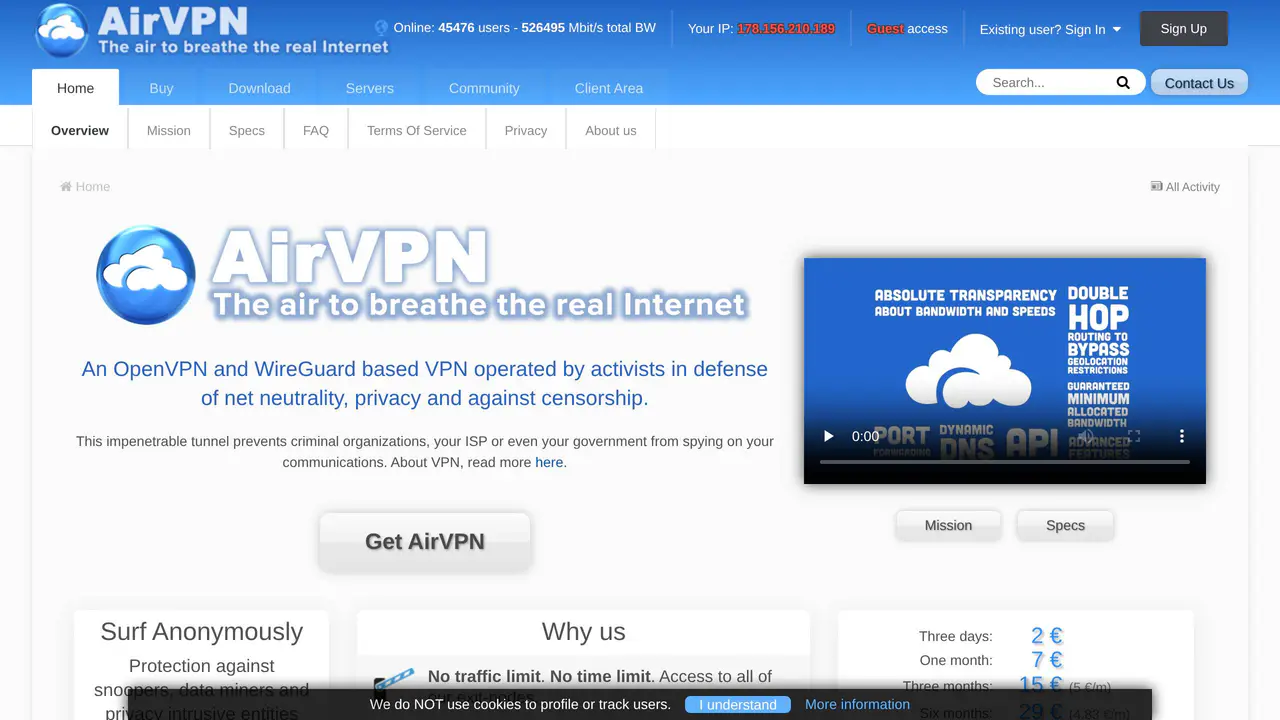 Homepage preview of AirVPN, captured Aug 1, 2026