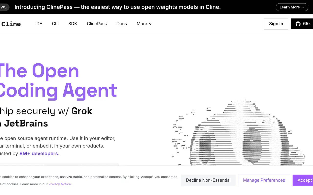 Homepage preview of Cline, captured Jul 21, 2026