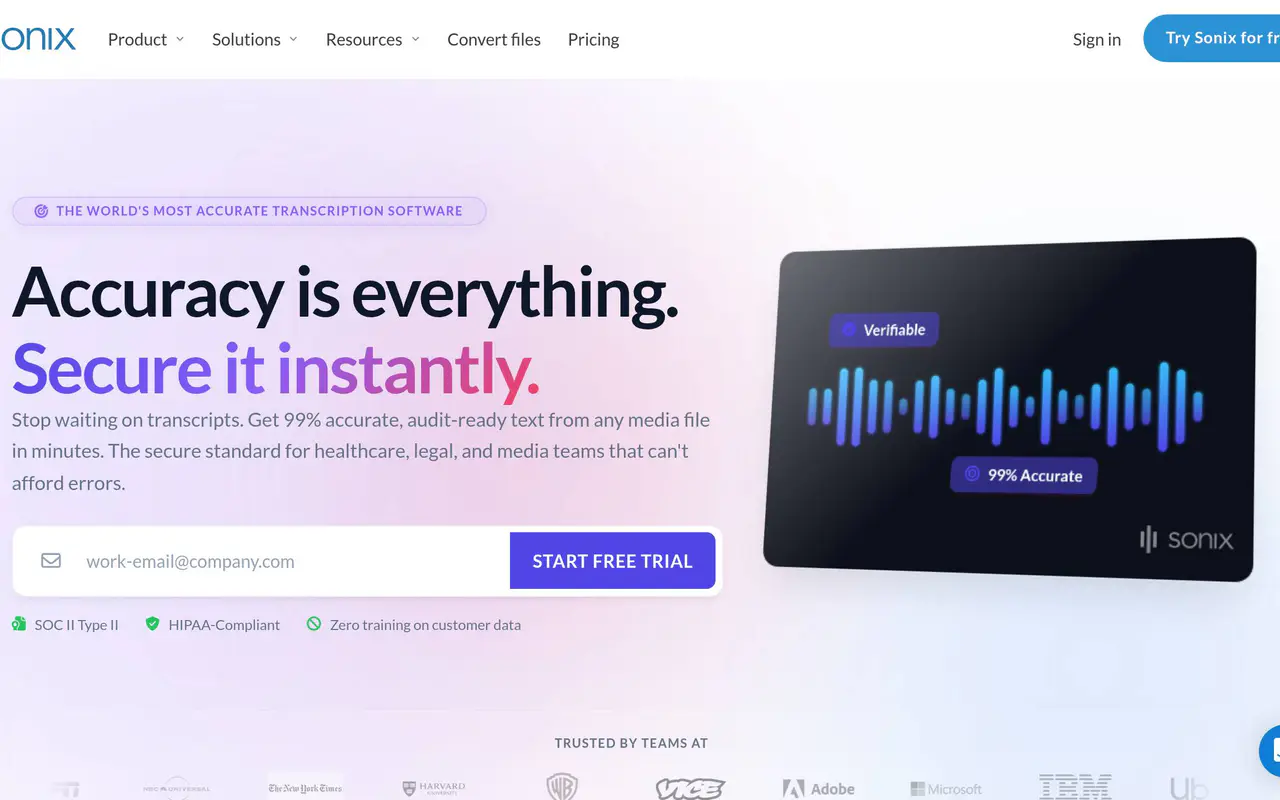 Homepage preview of Sonix, captured Jul 22, 2026