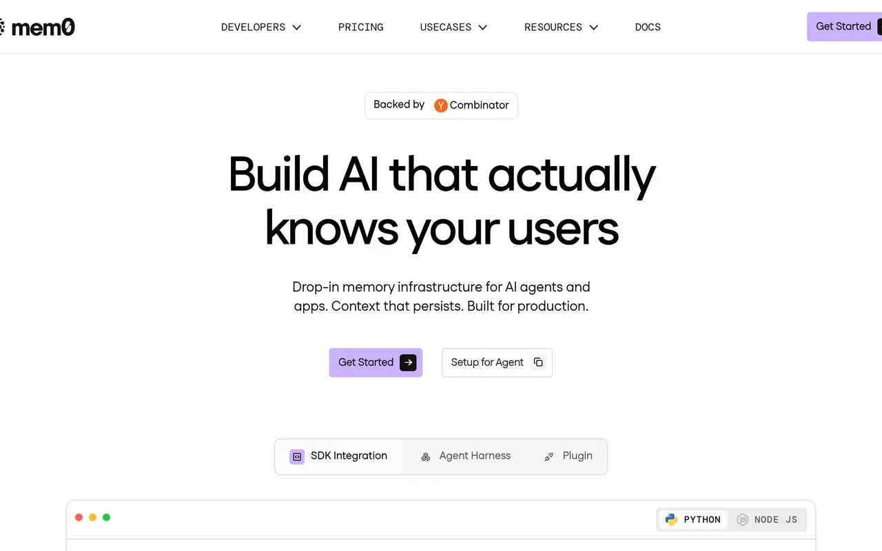 Homepage preview of Mem0, captured Jul 22, 2026