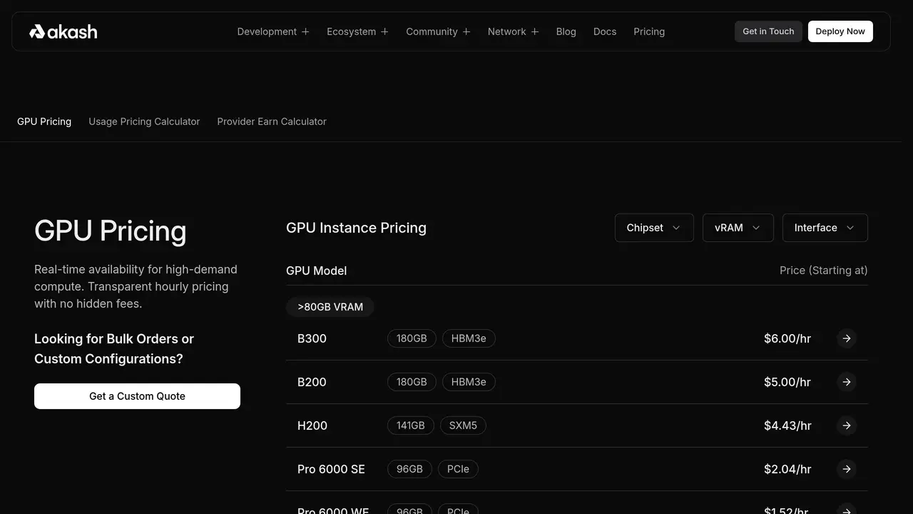 Pricing-page preview of Akash Network, captured Aug 16, 2026