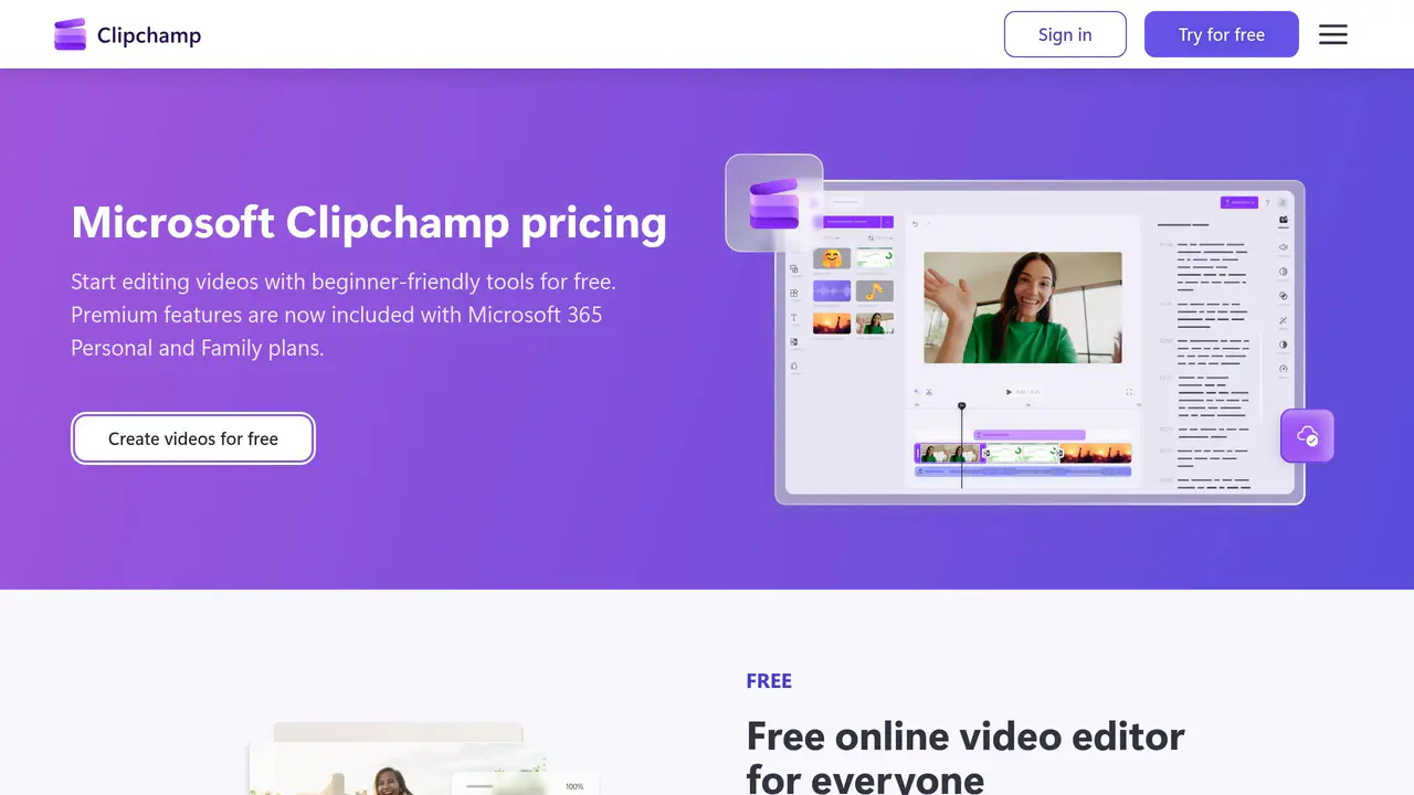 Pricing-page preview of Clipchamp, captured Jul 23, 2026