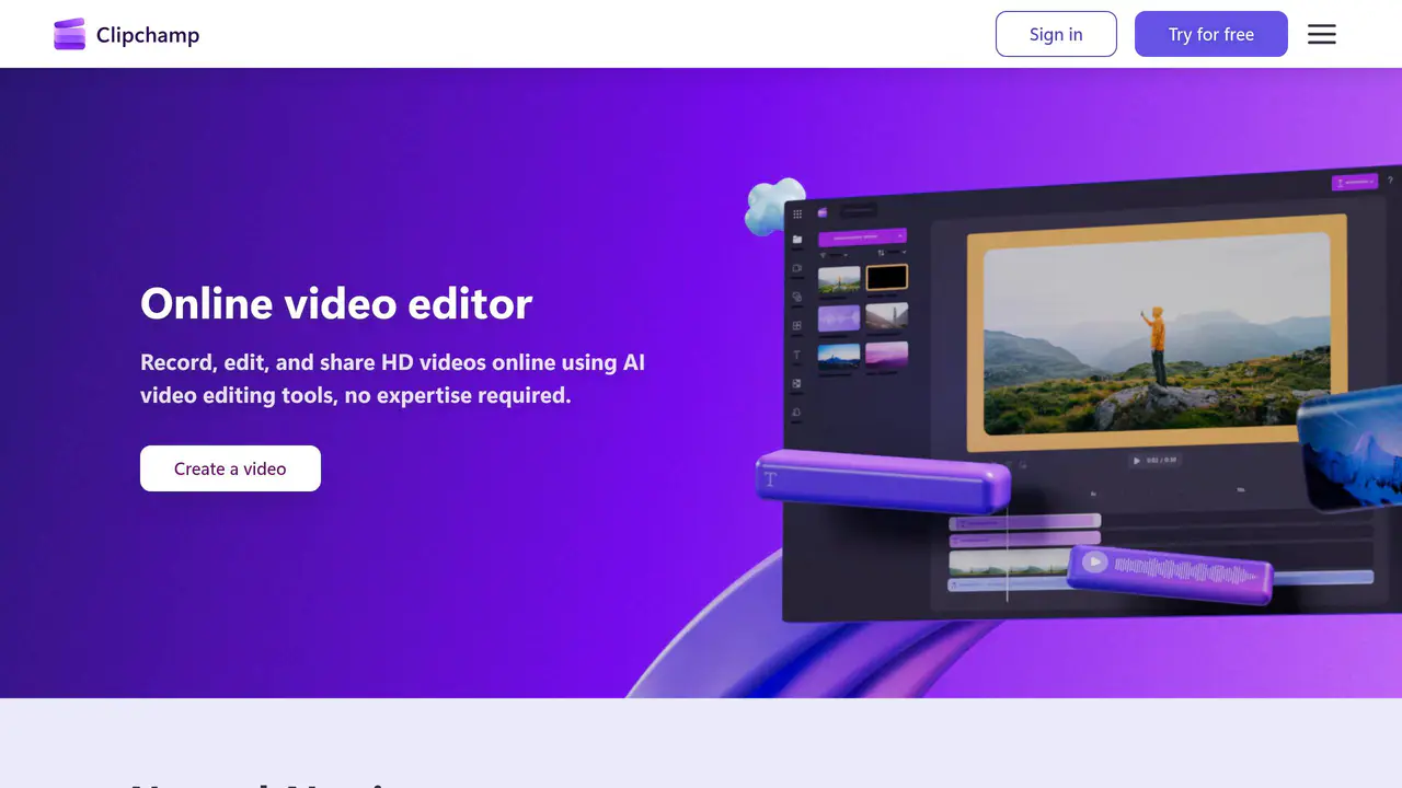 Homepage preview of Clipchamp, captured Jul 23, 2026
