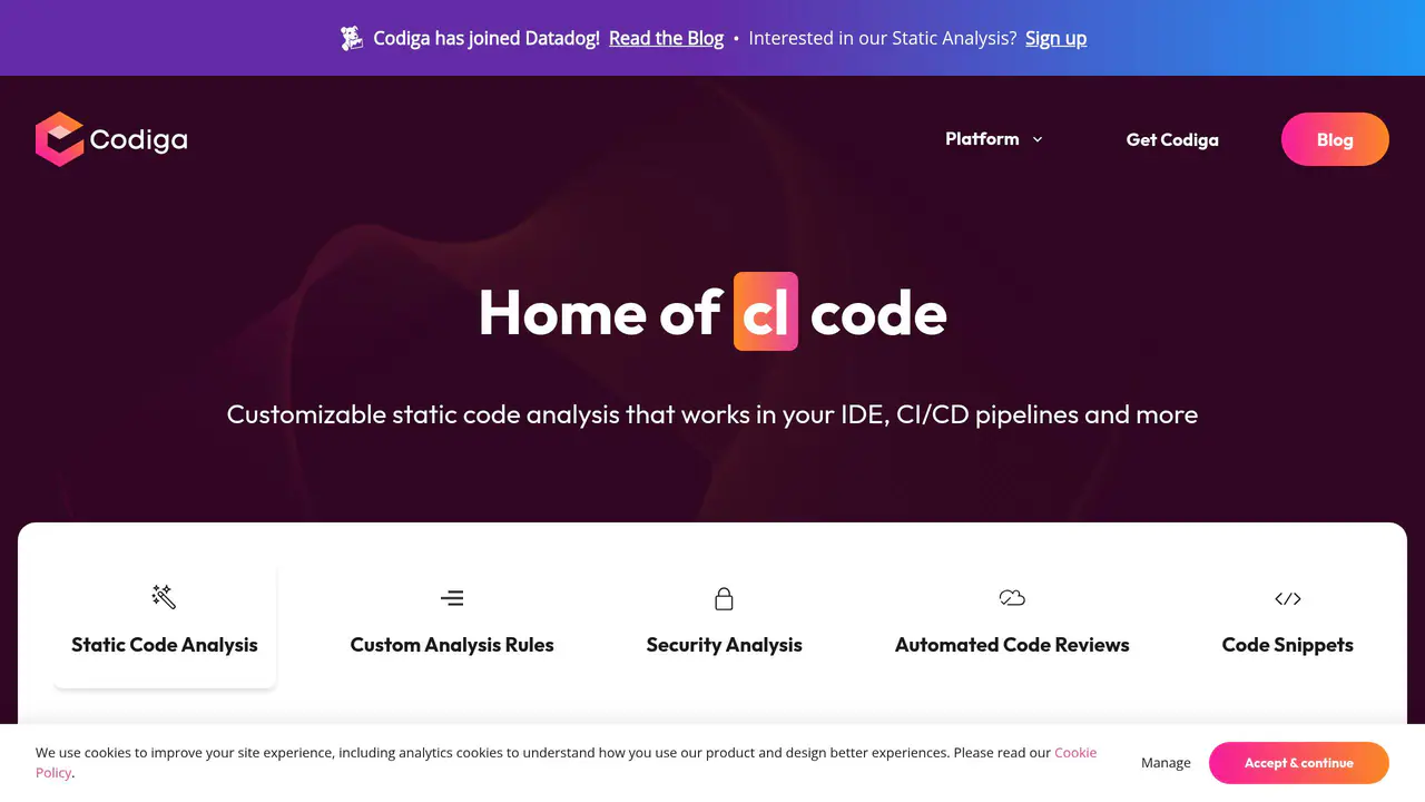 Homepage preview of Codiga, captured Aug 4, 2026