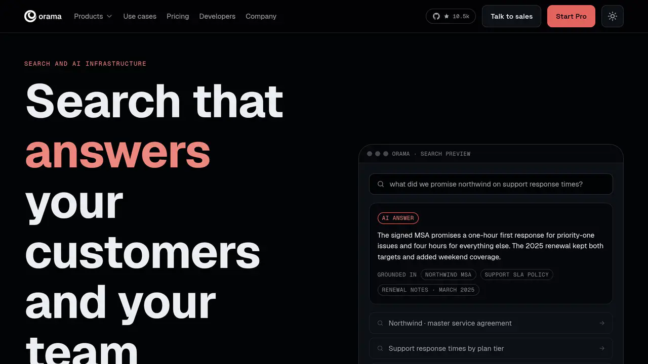 Homepage preview of Orama, captured Jul 31, 2026