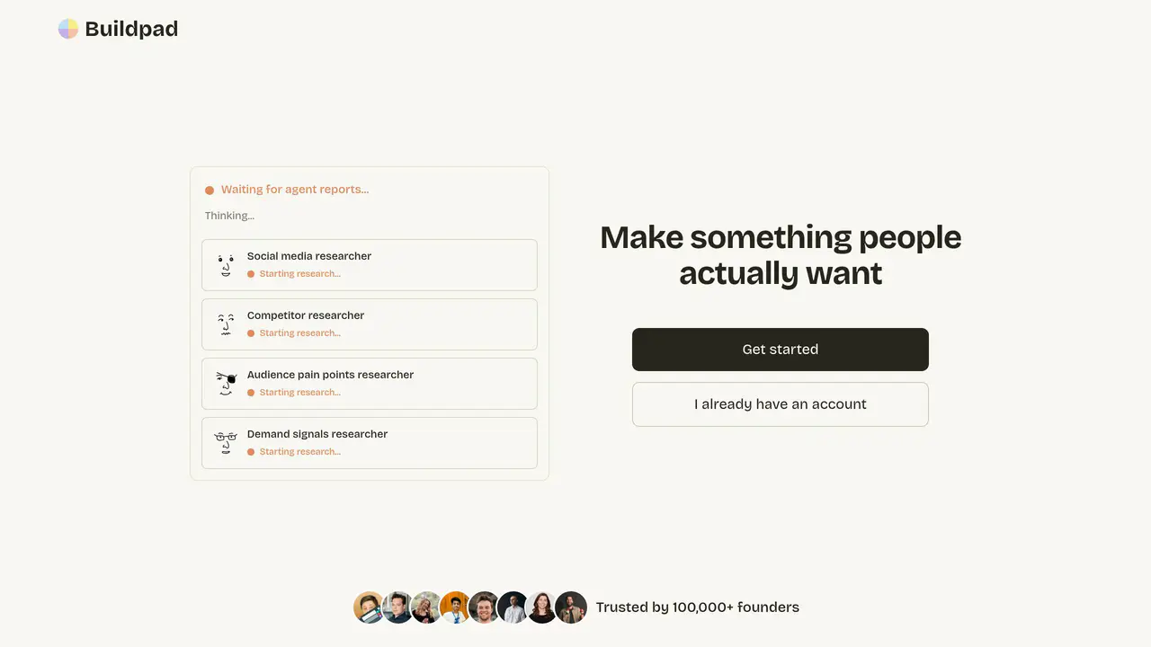 Homepage preview of Buildpad, captured Aug 12, 2026
