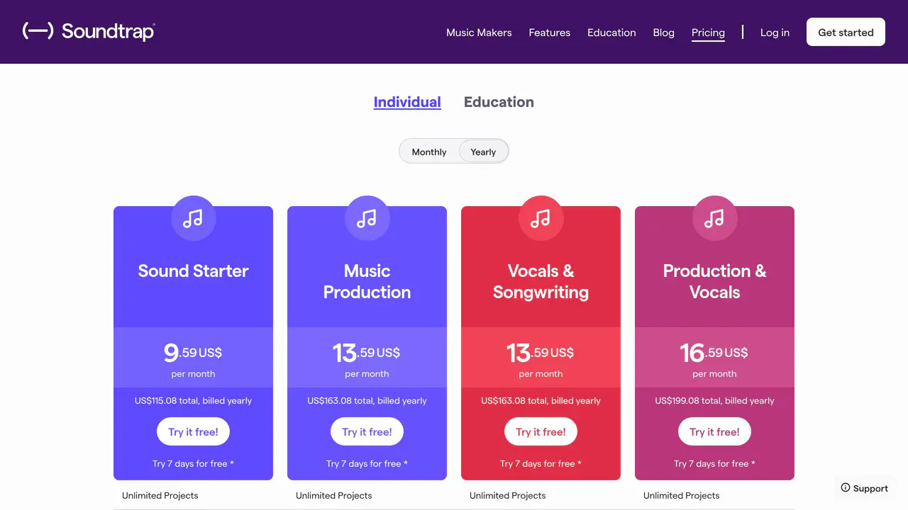 Pricing-page preview of Soundtrap, captured Jul 24, 2026