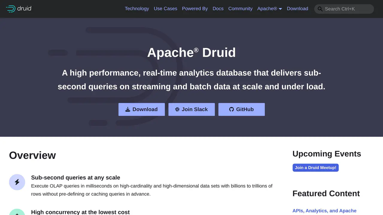 Homepage preview of Apache Druid, captured Aug 1, 2026