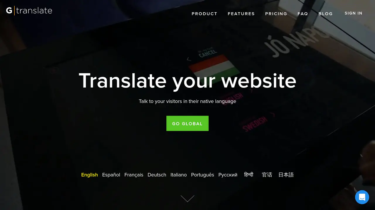 Homepage preview of GTranslate, captured Jul 27, 2026