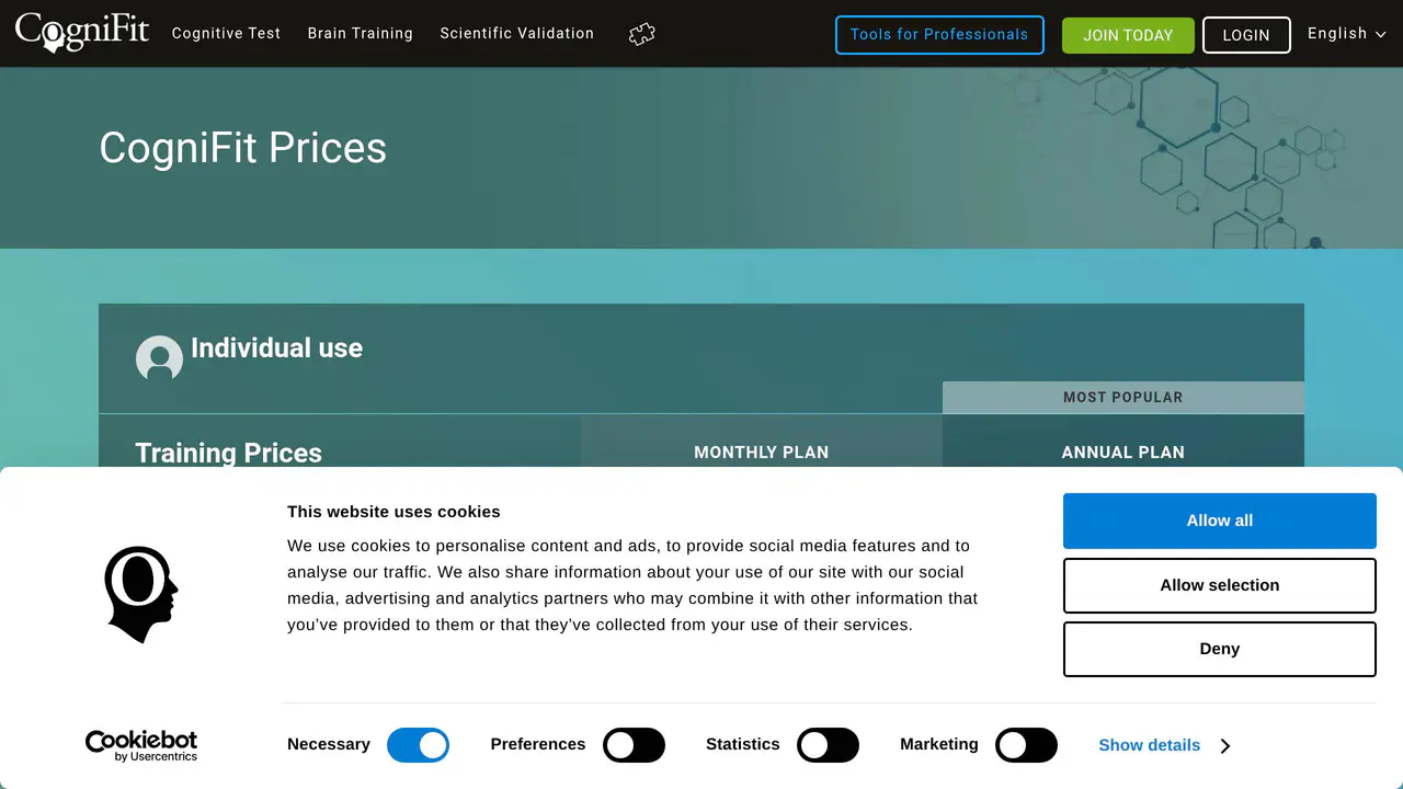 Pricing-page preview of CogniFit, captured Sep 10, 2026