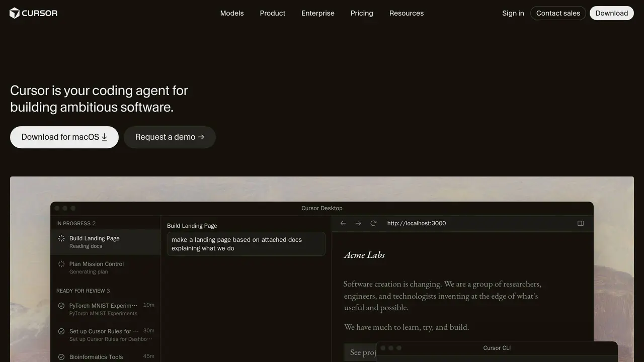 Homepage preview of Cursor, captured Aug 6, 2026