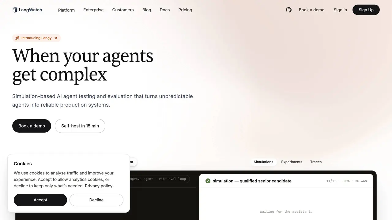 Homepage preview of LangWatch, captured Jul 24, 2026