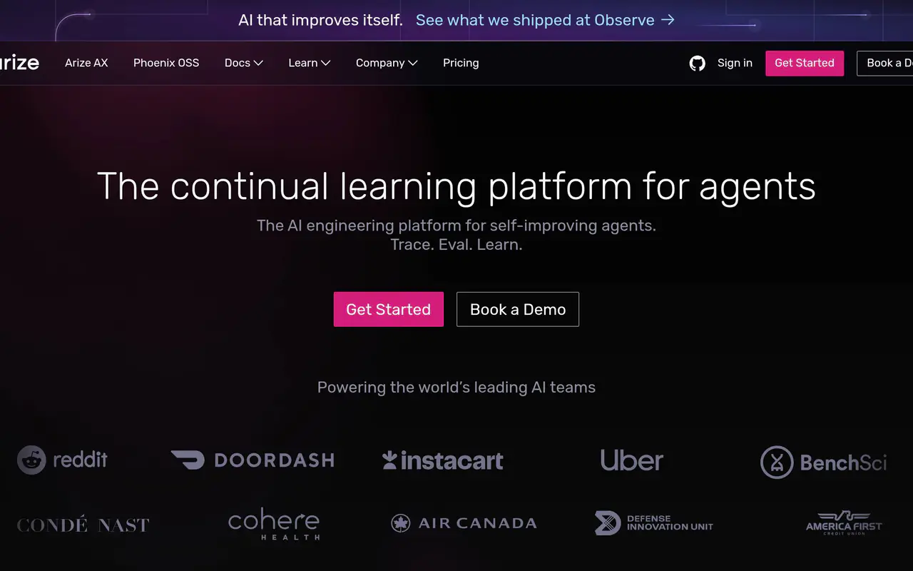 Homepage preview of Arize AI, captured Jul 21, 2026