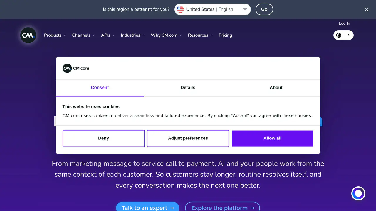 Homepage preview of CM.com, captured Aug 2, 2026
