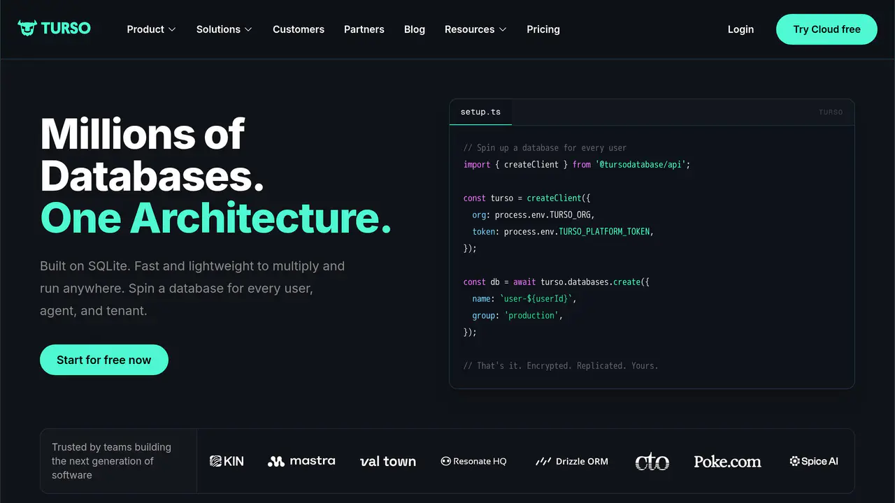 Homepage preview of Turso, captured Sep 10, 2026