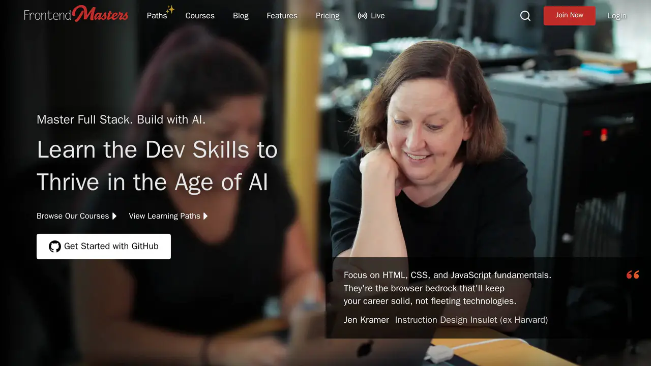 Homepage preview of Frontend Masters, captured Aug 7, 2026