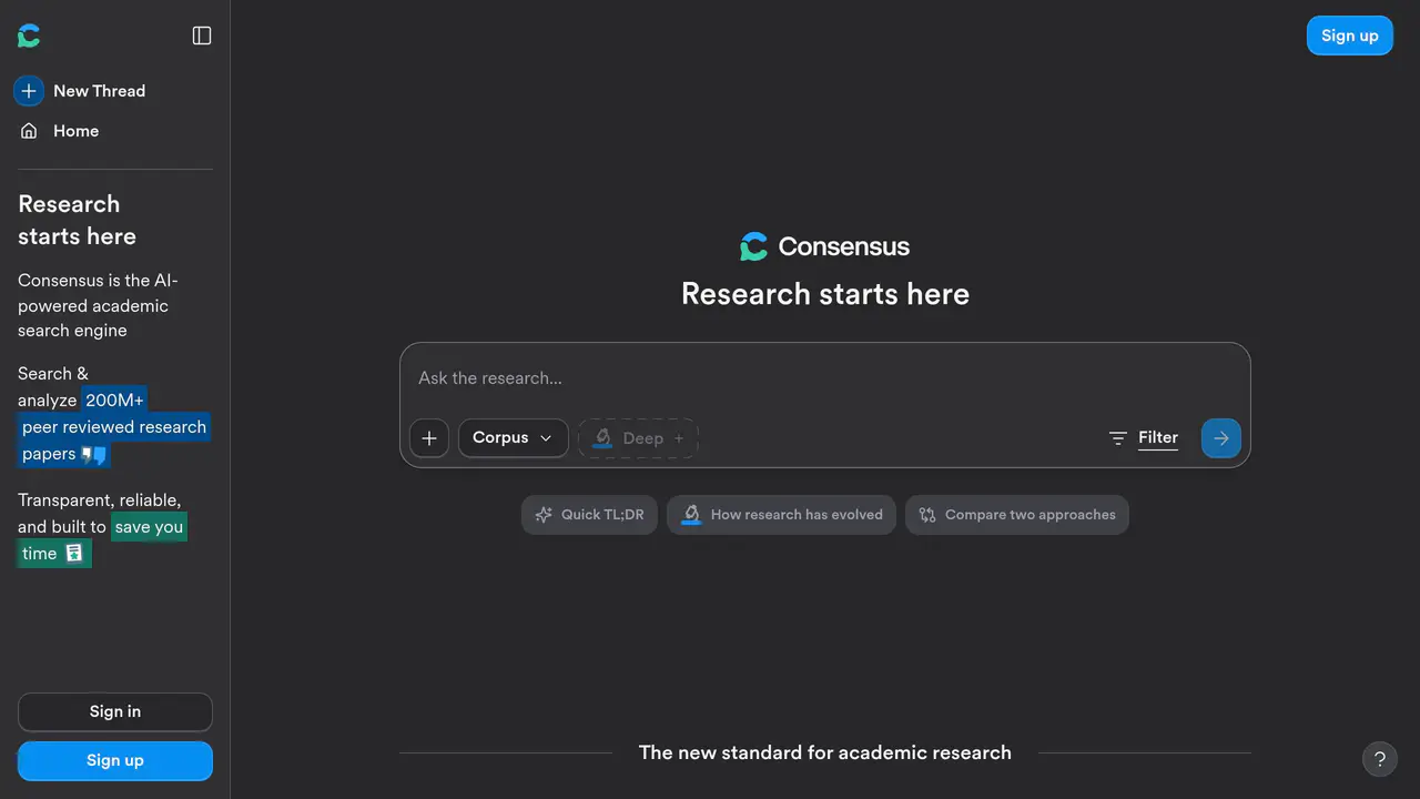 Homepage preview of Consensus, captured Aug 2, 2026