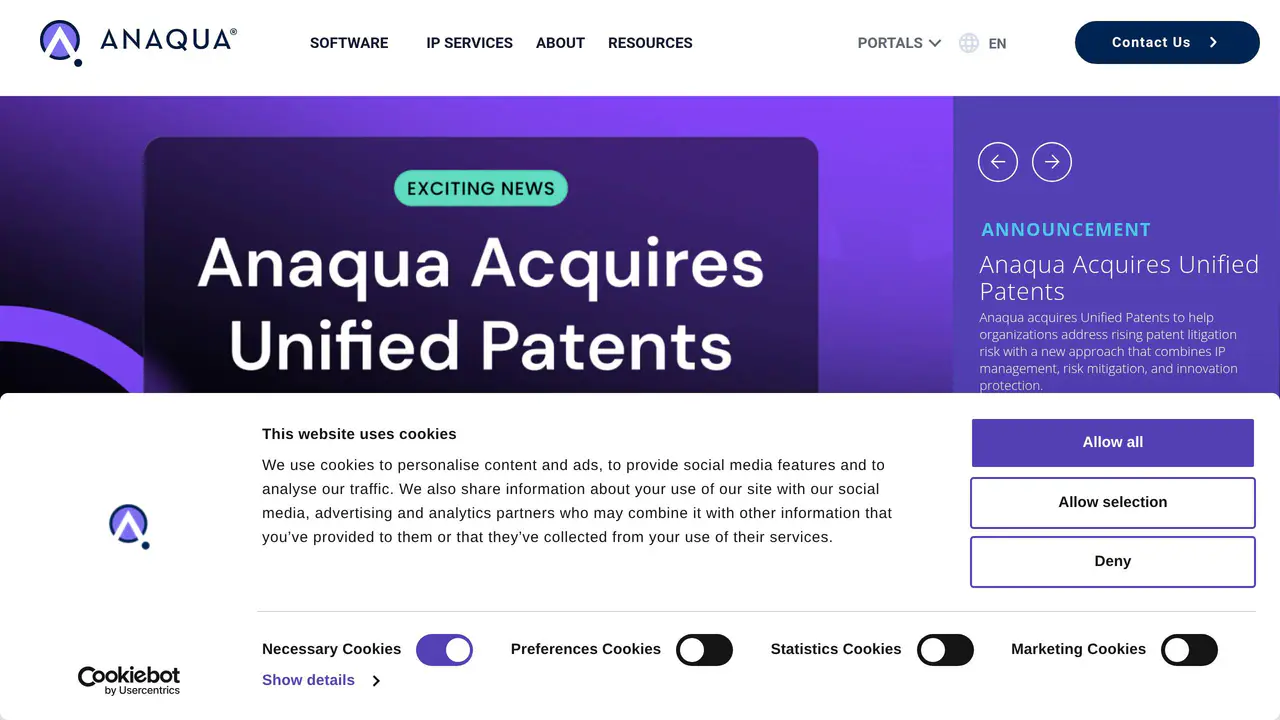 Homepage preview of Anaqua, captured Aug 7, 2026