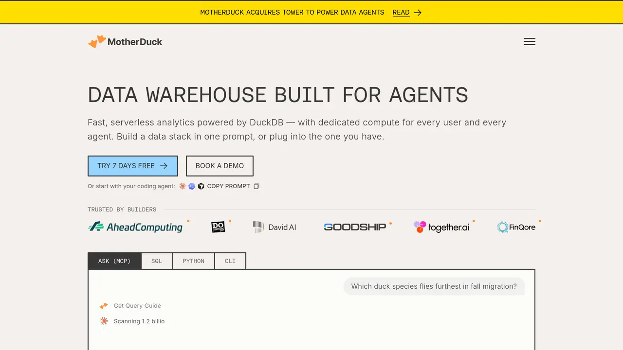 Homepage preview of Motherduck, captured Aug 31, 2026