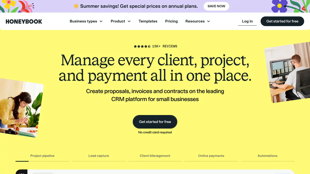 Homepage preview of HoneyBook, captured Aug 21, 2026