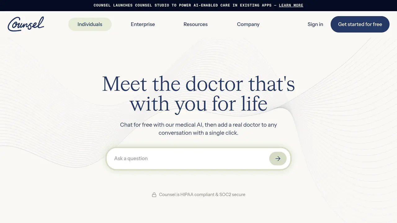 Homepage preview of Counsel Health, captured Jul 31, 2026