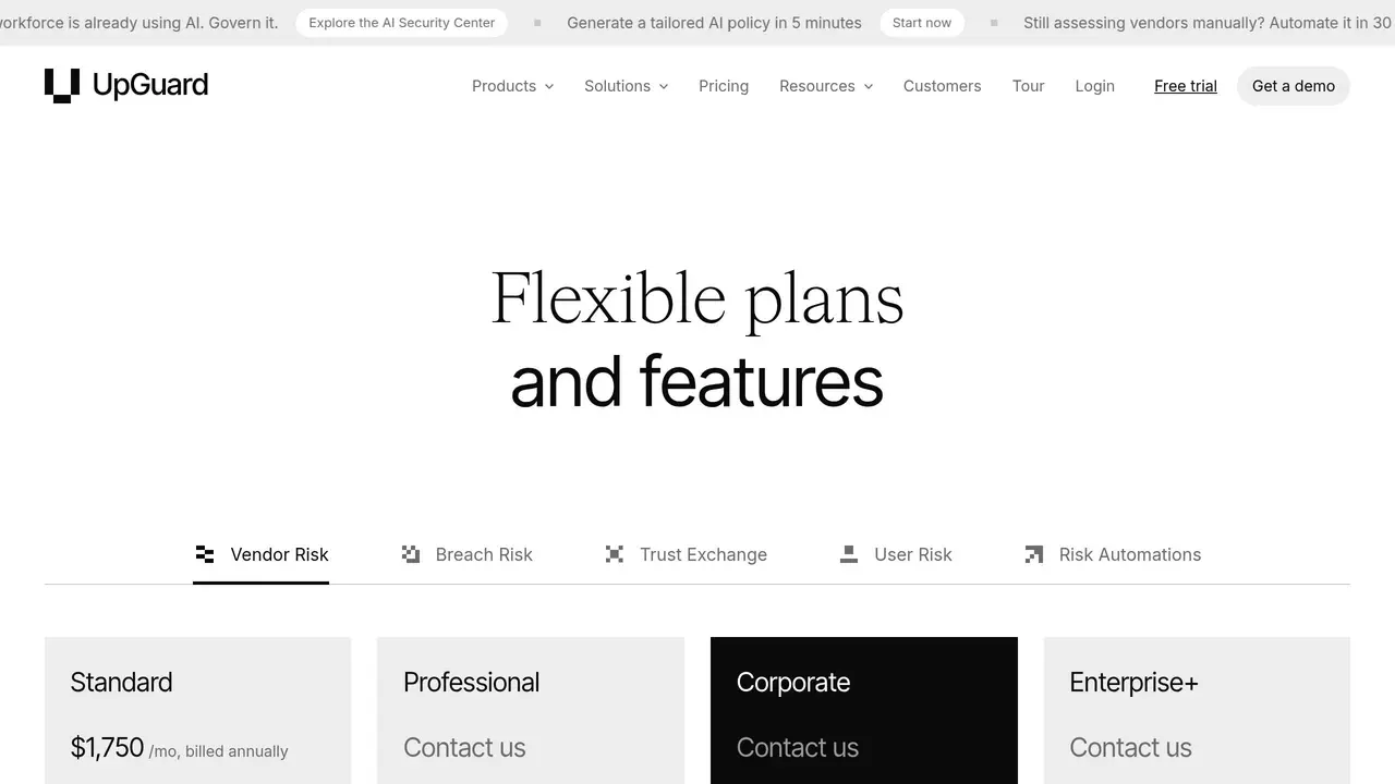 Pricing-page preview of UpGuard, captured Jul 23, 2026