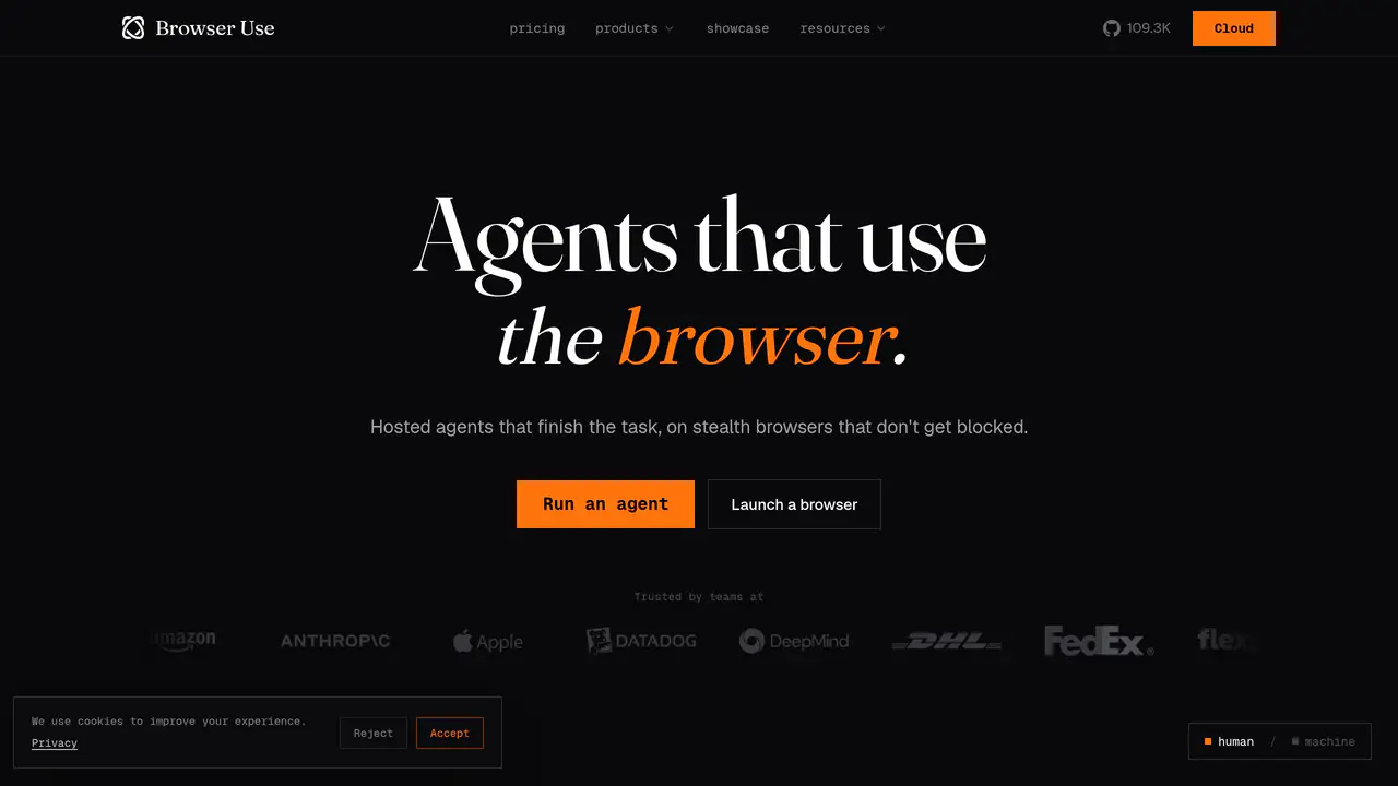 Homepage preview of Browser Use, captured Aug 15, 2026