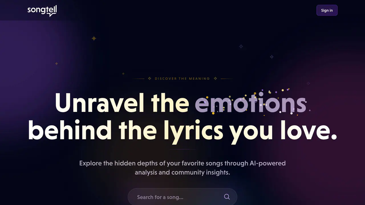 Homepage preview of Songtell, captured Jul 23, 2026