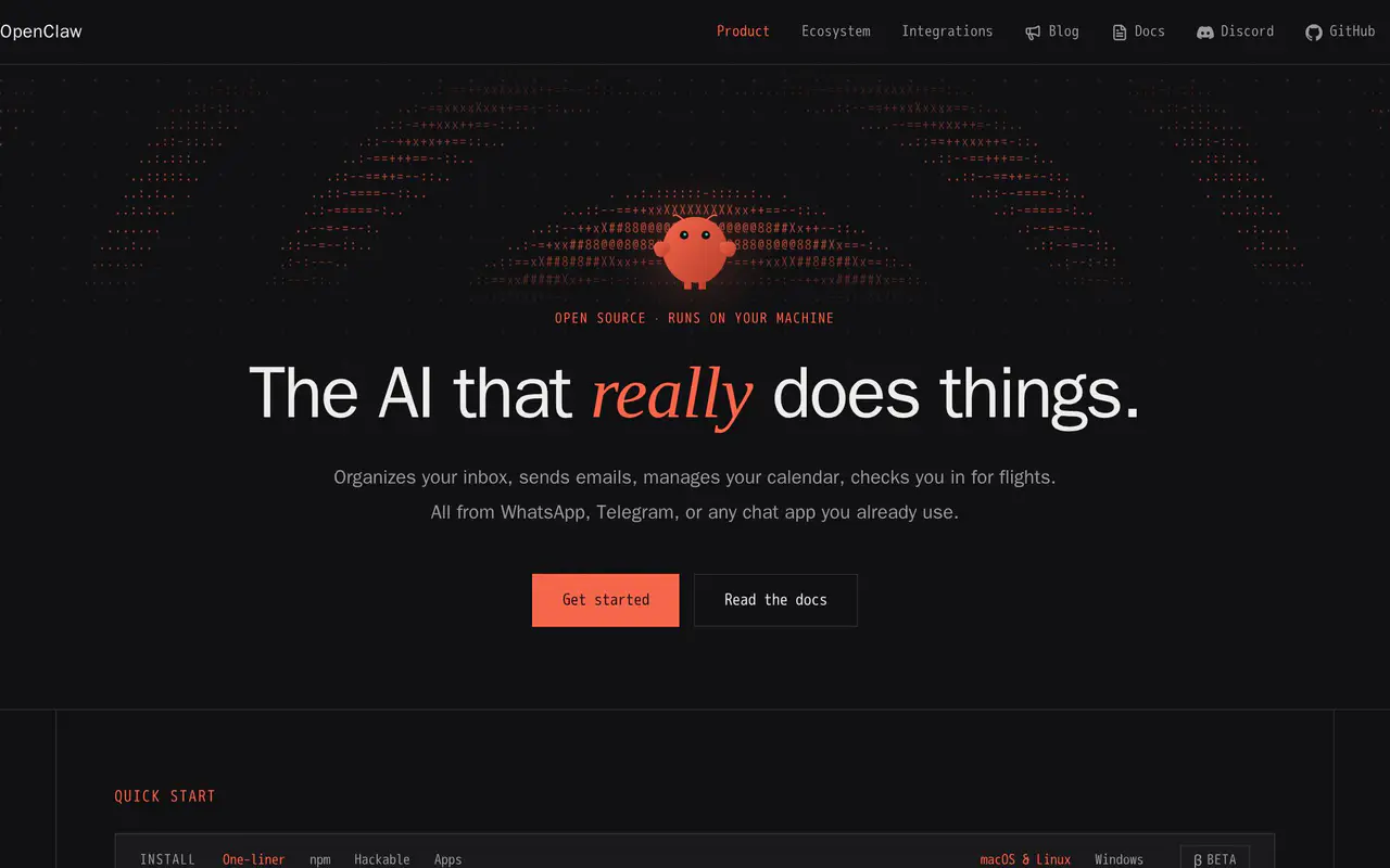 Homepage preview of OpenClaw, captured Jul 21, 2026