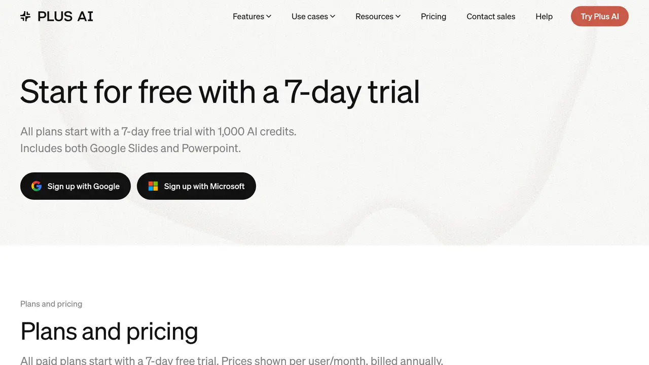 Pricing-page preview of Plus AI, captured Jul 23, 2026